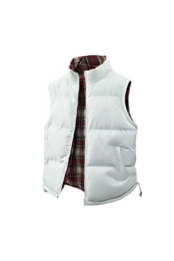 Men's and Women's Solid Color Casual Double-Sided Stand Collar Vest, Men's Loose Fit with Checkered Print, Warm and Reversible Design for Multiple Styling Options,White 3XL
