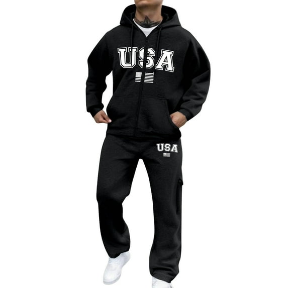 Wutalume Men's Zippered Sweatshirt Jacket Suit with USA Design, Casual Sports Set for Men, Solid Color Hoodie and Pants for Everyday and Athletic Wear,Black L