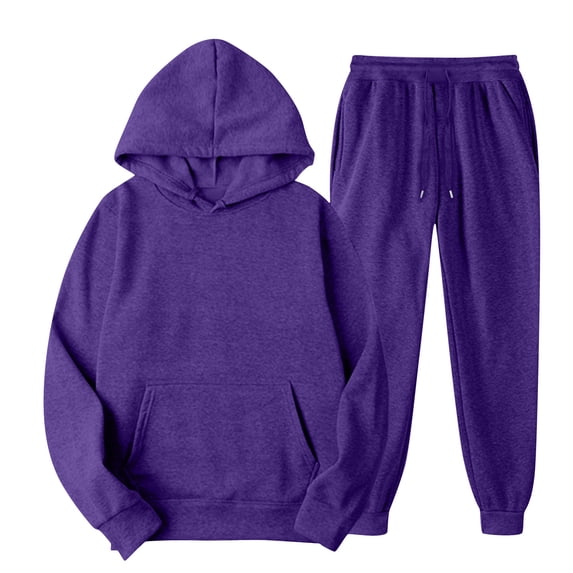 Wutalume Men's and Women's 2-Piece Fleece Lined Hoodie Set, Solid Color Casual Outfit with Pocket Joggers, Cold Weather Wear,Purple L
