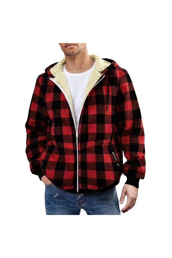 Mens Full Zip Lined Plaid Flannel Jacket with Warm Fleece Interior, Winter Coat for Outdoor Work and Casual Lightweight Fall Clothes,Red L