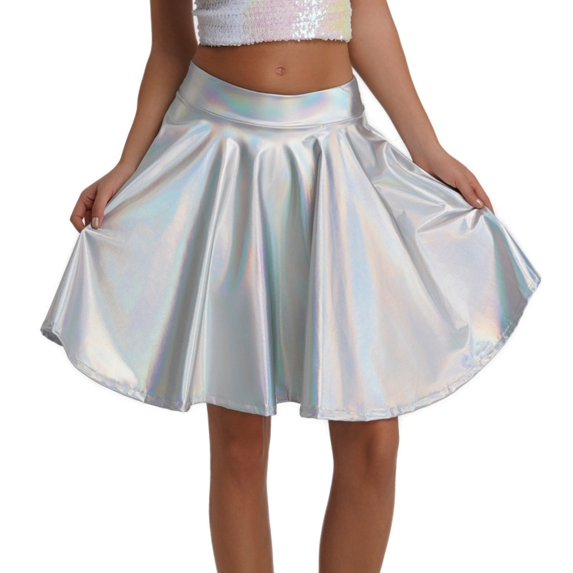 Wutalume Sexy High Waisted Pleated Performance Skirt for Women, Stage Dance Skirt with Full Flare, Sequined Detail for Shows and Parties,Silver L