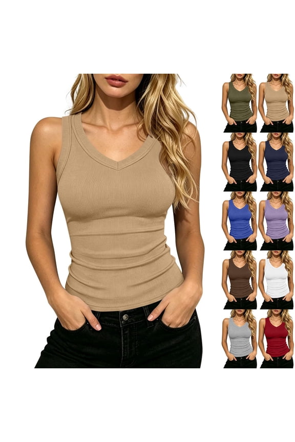 Summer Tank Tops for Women - Racerback Basic Athletic Fit V Neck Ribbed Slim Sleeveless Tops for Layering or Daily Fashion Trendy Style,Camel 5XL
