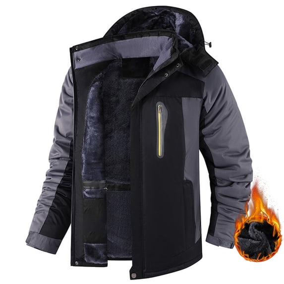 Wutalume Unisex Colorblock Zipper Pocket Hooded Jacket, Men's Casual Plush Jacket with Water-Resistant Finish, Warm Lining for Outdoor Adventures and Daily Protection,Black 3XL