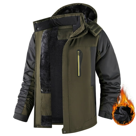 Wutalume Unisex Colorblock Zipper Pocket Hooded Jacket, Men's Casual Plush Jacket with Water-Resistant Finish, Warm Lining for Outdoor Adventures and Daily Protection,Army Green L