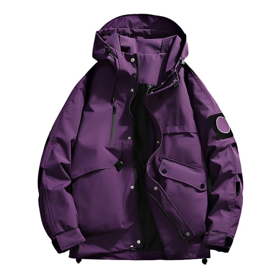 Wutalume Unisex Solid Color Outdoor Workwear Casual Loose Zipper Pocket Warm Long-Sleeved Jacket, Water-Resistant and Windproof, Ideal for Hiking, Work,Purple L