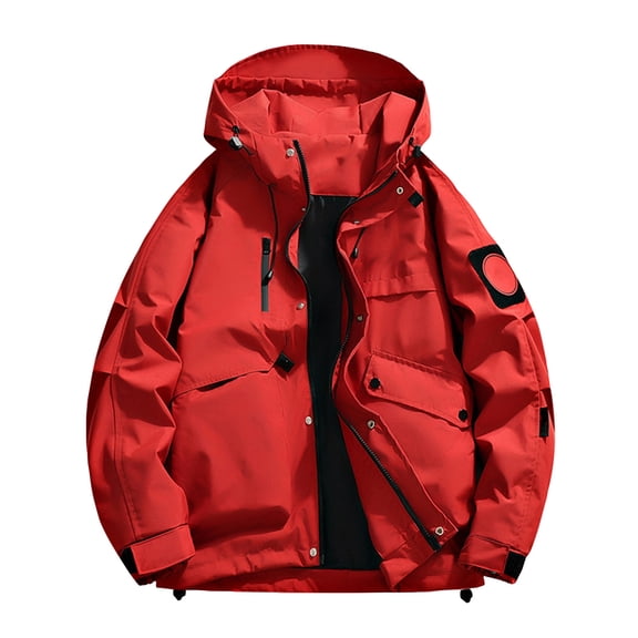 Wutalume Unisex Solid Color Outdoor Workwear Casual Loose Zipper Pocket Warm Long-Sleeved Jacket, Water-Resistant and Windproof, Ideal for Hiking, Work,Red XL