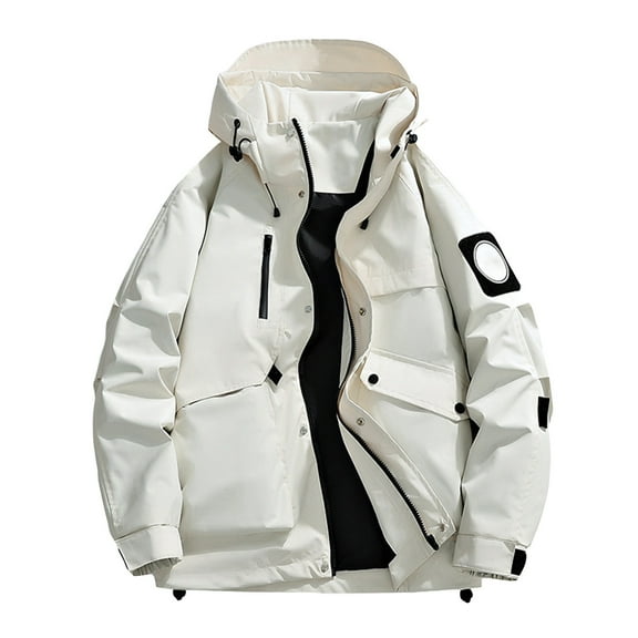 Wutalume Unisex Solid Color Outdoor Workwear Casual Loose Zipper Pocket Warm Long-Sleeved Jacket, Water-Resistant and Windproof, Ideal for Hiking, Work,White L