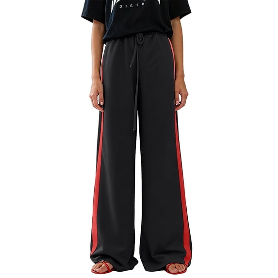 Wutalume Wide Leg Pants for Women Summer Casual, Flowing Beach Trousers with Elastic Waist for Vacation, Cruise, Holiday,Deep Red L