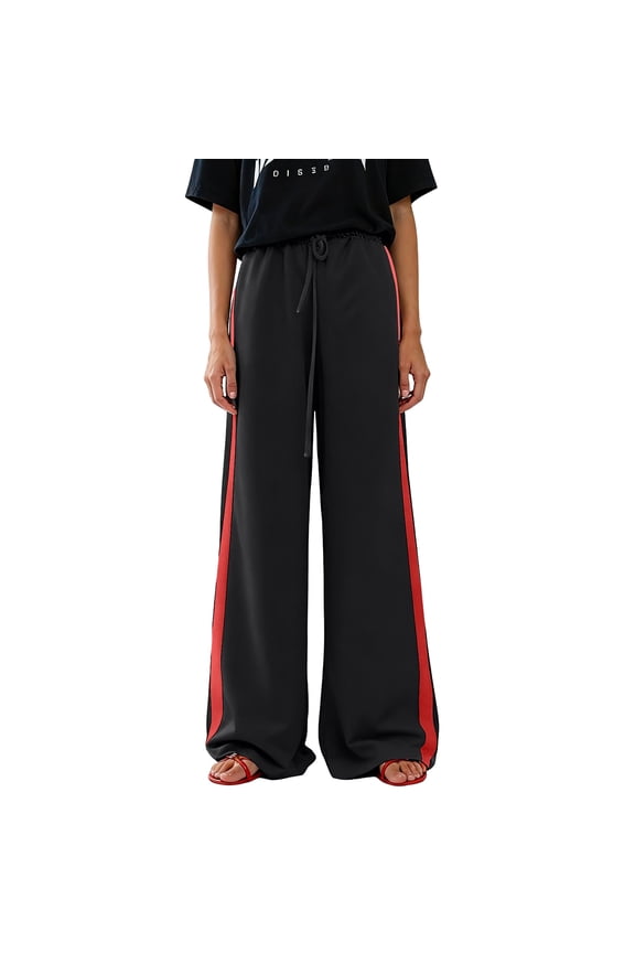 Wide Leg Pants for Women Summer Casual, Flowing Beach Trousers with Elastic Waist for Vacation, Cruise, Holiday,Deep Red L