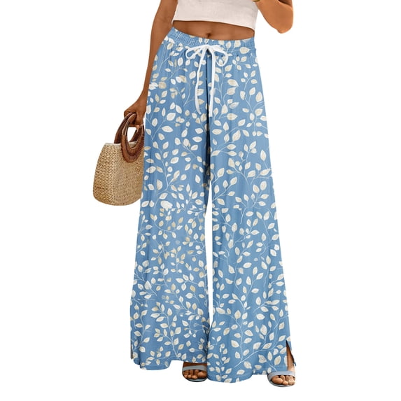 Wutalume Women Summer Wide Leg Floral Print Pants, High Waist Elastic Drawstring Palazzo Trousers with Pockets, Flowy Boho Beach Pants,Blue L