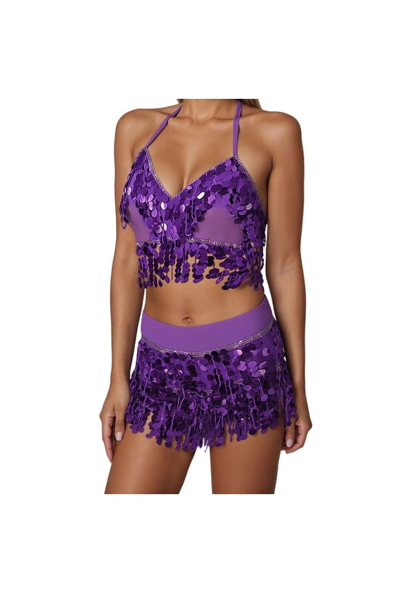 Women's 2-Piece Belly Dance Costume Set, Sequined Tassel Bra Top and Fringed Skirt, Carnival Club Performance Outfit,Purple One Size
