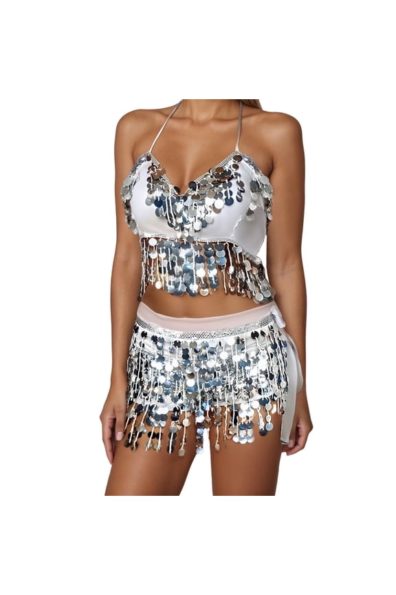 Women's 2-Piece Belly Dance Costume Set, Sequined Tassel Bra Top and Fringed Skirt, Carnival Club Performance Outfit,White One Size