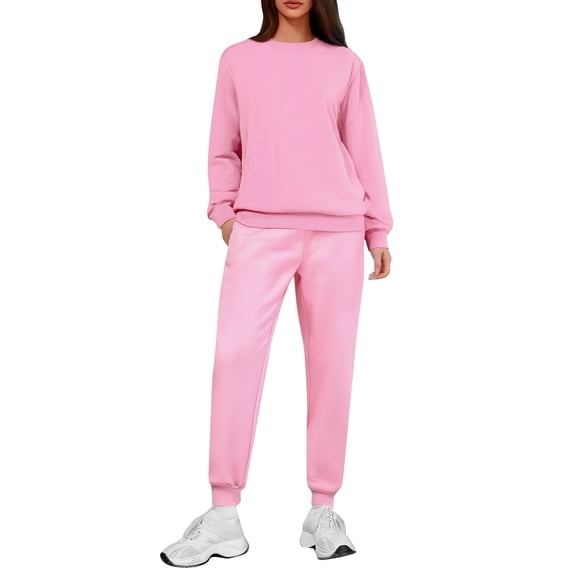 Wutalume Women's 2-Piece Casual Fleece Lined Set, Solid Color Hoodie and Sweatpants with Pockets, Warm Winter Loungewear,Pink L