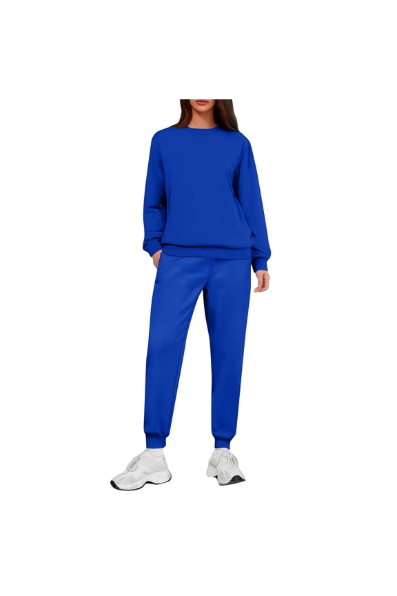 Women's 2-Piece Casual Fleece Lined Set, Solid Color Hoodie and Sweatpants with Pockets, Warm Winter Loungewear,Royal Blue M