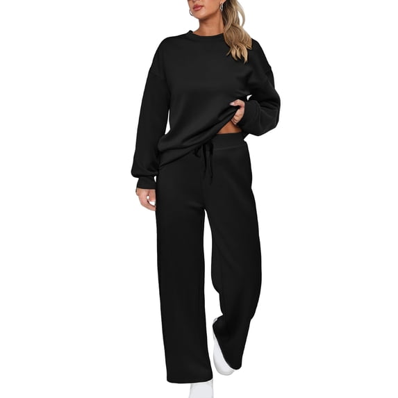 Wutalume Women's 2-Piece Casual Sportswear Set, Solid Color Pullover Hoodie and Drawstring Straight Leg Sweatpants, Athletic Outfit,Black L