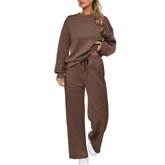 Wutalume Women's 2-Piece Casual Sportswear Set, Solid Color Pullover Hoodie and Drawstring Straight Leg Sweatpants, Athletic Outfit,Coffee S