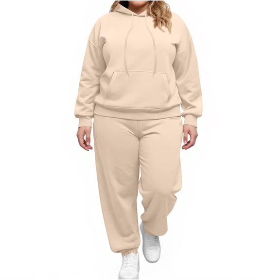 Wutalume Women's 2-Piece Oversized Hoodie and Sweatpants Set, Solid Color Casual Loungewear with Pockets, Fall Fashion Outfit,Beige 2XL