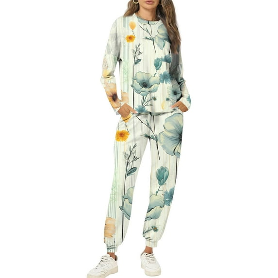 Wutalume Women's 2-Piece Printed Sweatsuit Set, Round Neck Long Sleeve Shirt and Floral Print Joggers with Pockets, Vintage Style Outfit,Mint Green L