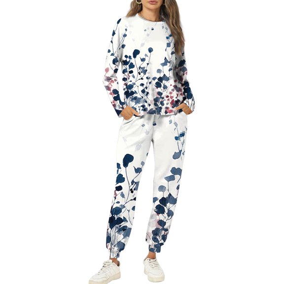 Wutalume Women's 2-Piece Printed Sweatsuit Set, Round Neck Long Sleeve Shirt and Floral Print Joggers with Pockets, Vintage Style Outfit,Navy M