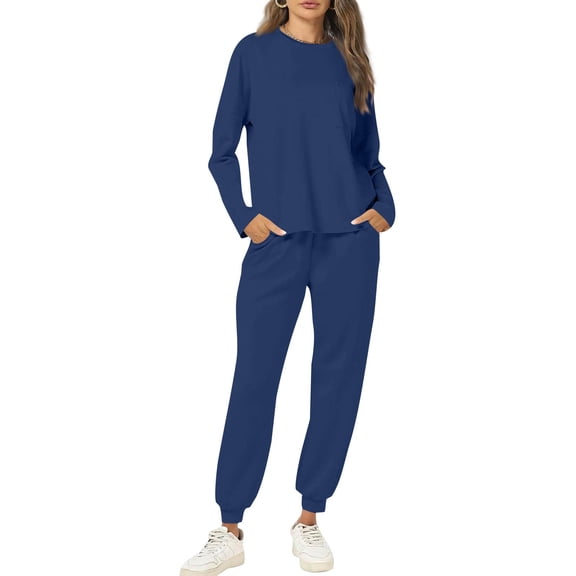 Wutalume Women's 2-Piece Solid Color Casual Set, Round Neck Long Sleeve Top and Sweatpants with Pockets, Everyday Loungewear,Navy M