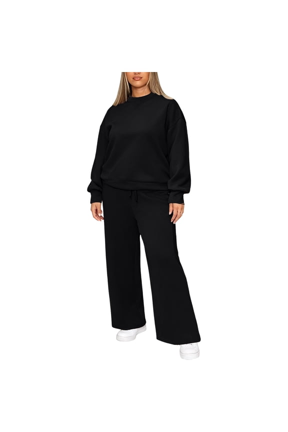 Women's 2-Piece Solid Color Casual Sportswear Set, Long Pants and Top, Comfortable Loungewear and Athletic Outfit,Black 3XL
