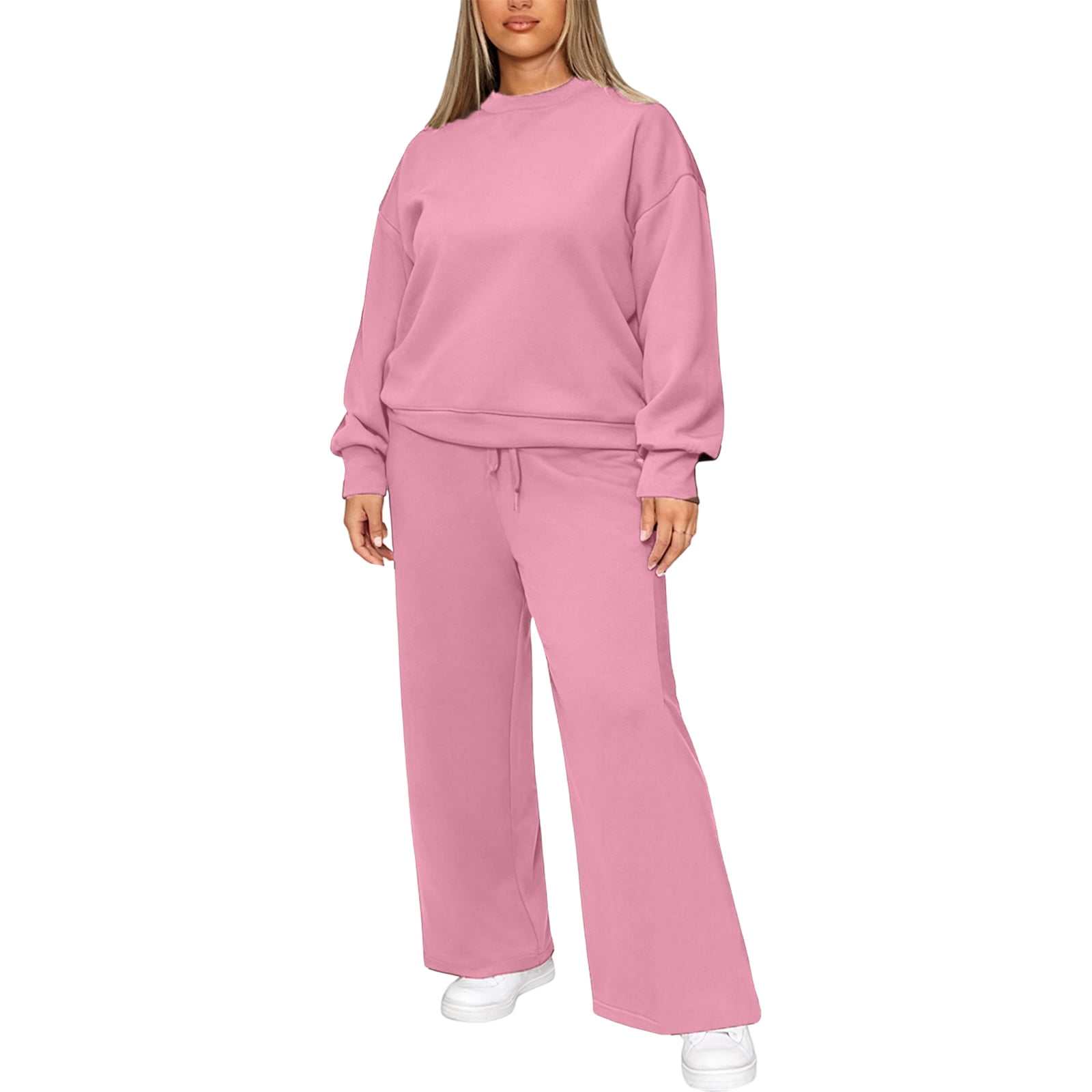 Women's 2-Piece Solid Color Casual Sportswear Set, Long Pants and Top, Comfortable Loungewear and Athletic Outfit,Pink L