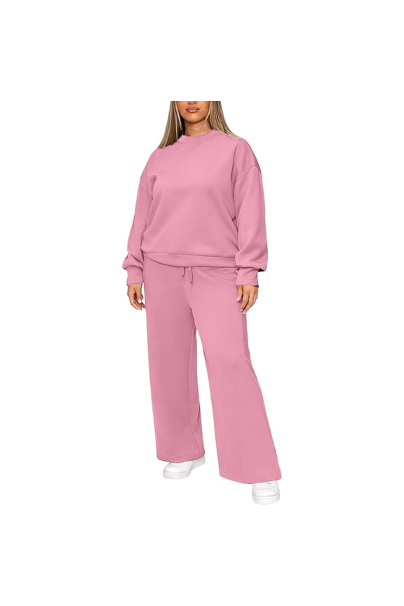 Women's 2-Piece Solid Color Casual Sportswear Set, Long Pants and Top, Comfortable Loungewear and Athletic Outfit,Pink L