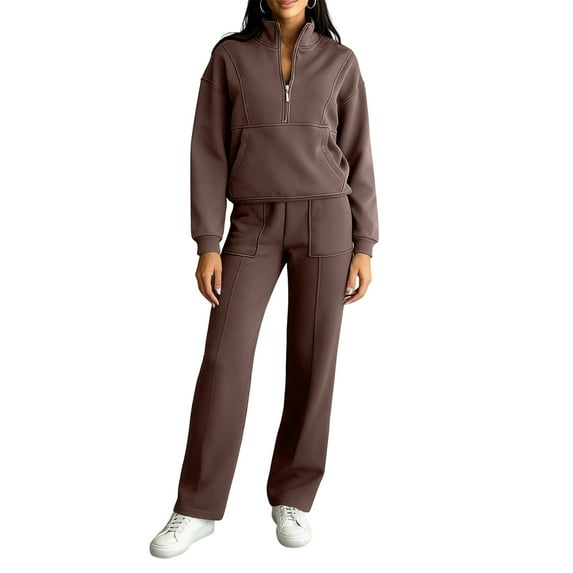Wutalume Women's 2-Piece Solid Color Sportswear Set, Stand Collar Jacket and Straight Leg Pants, Casual Athletic Outfit,Coffee L