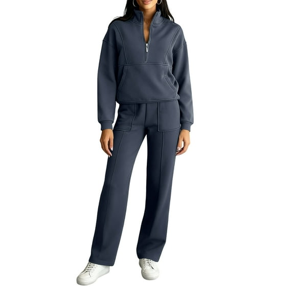 Wutalume Women's 2-Piece Solid Color Sportswear Set, Stand Collar Jacket and Straight Leg Pants, Casual Athletic Outfit,Navy S