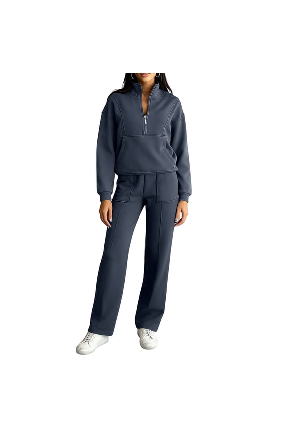 Women's 2-Piece Solid Color Sportswear Set, Stand Collar Jacket and Straight Leg Pants, Casual Athletic Outfit,Navy S