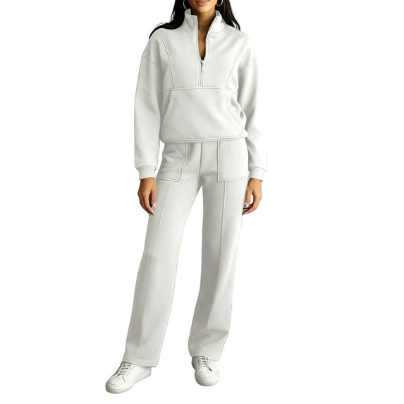 Wutalume Women's 2-Piece Solid Color Sportswear Set, Stand Collar Jacket and Straight Leg Pants, Casual Athletic Outfit,White S