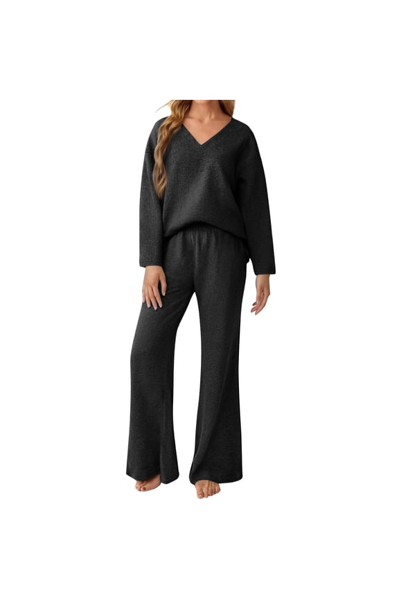 Women's 2-Piece Sweater Suit Set, Cozy Knit Top and Pants for Home Wear, Matching Casual Fashion Outfit,Black S