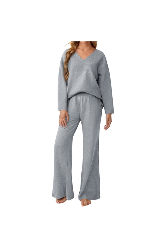 Women's 2-Piece Sweater Suit Set, Cozy Knit Top and Pants for Home Wear, Matching Casual Fashion Outfit,Light Gray L