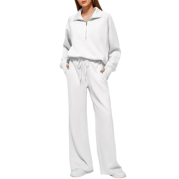 Wutalume Women's 2-Piece Zipper Sweatshirt Set, Wide Leg Sweatpants and Casual Top, Modern Streetwear Outfit,White M