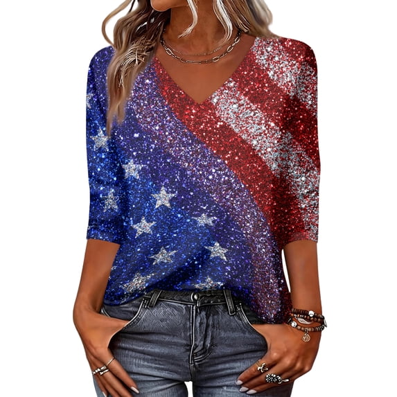 Wutalume Women's 3/4 Sleeve American Flag Top - Stars and Stripes Independence Day Print V-Neck T-Shirt, 4th of July Outfits for Women, 3/4 Length Sleeve Womens Tops,Dark Blue 3XL