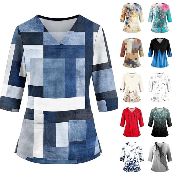 Wutalume Women's 3/4 Sleeve Blouses Tops - Floral V-Neck Scrub with Pockets Side Slit, 3/4 Sleeve Shirts for Women, Breathable Nurse Uniform,Gray 5XL