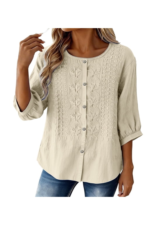 Women's 3/4 Sleeve Button Down Top - Casual Cotton Blouse with Front Button Closure, 3/4 Sleeve Blouses for Women, Womens Summer Tops Lightweight,Beige XL