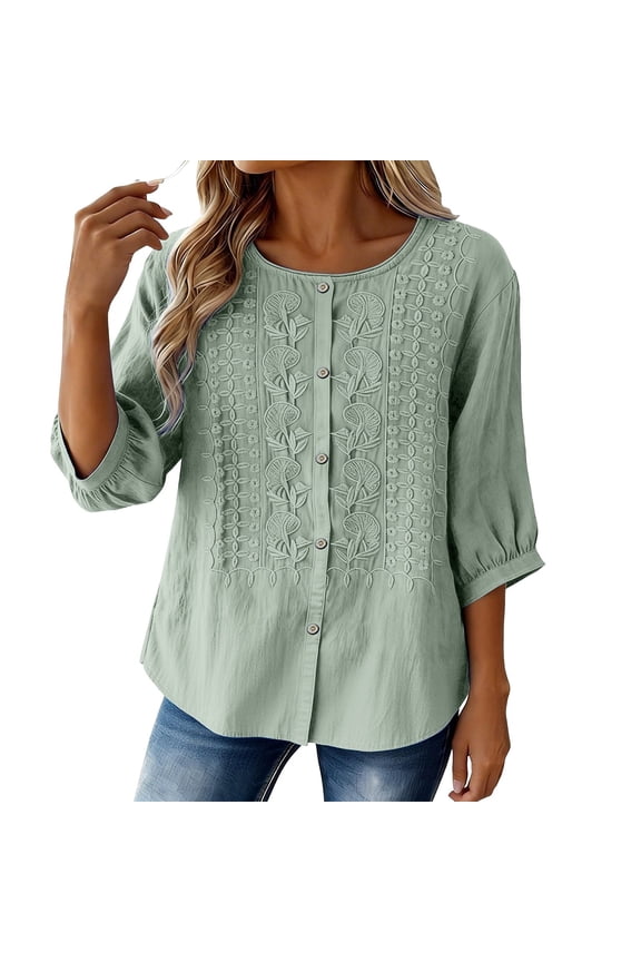 Women's 3/4 Sleeve Button Down Top - Casual Cotton Blouse with Front Button Closure, 3/4 Sleeve Blouses for Women, Womens Summer Tops Lightweight,Mint Green M