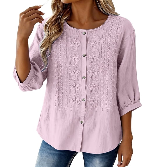 Wutalume Women's 3/4 Sleeve Button Down Top - Casual Cotton Blouse with Front Button Closure, 3/4 Sleeve Blouses for Women, Womens Summer Tops Lightweight,Pink L