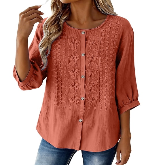 Wutalume Women's 3/4 Sleeve Button Down Top - Casual Cotton Blouse with Front Button Closure, 3/4 Sleeve Blouses for Women, Womens Summer Tops Lightweight,Saffron 3XL