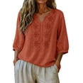 thumbnail image 1 of Wutalume Women's 3/4 Sleeve Linen Top - Casual V-Neck Button Down Shirt in Solid Color, 3/4 Sleeve Blouses for Women, Womens Summer Tops Breathable,Orange M, 1 of 5