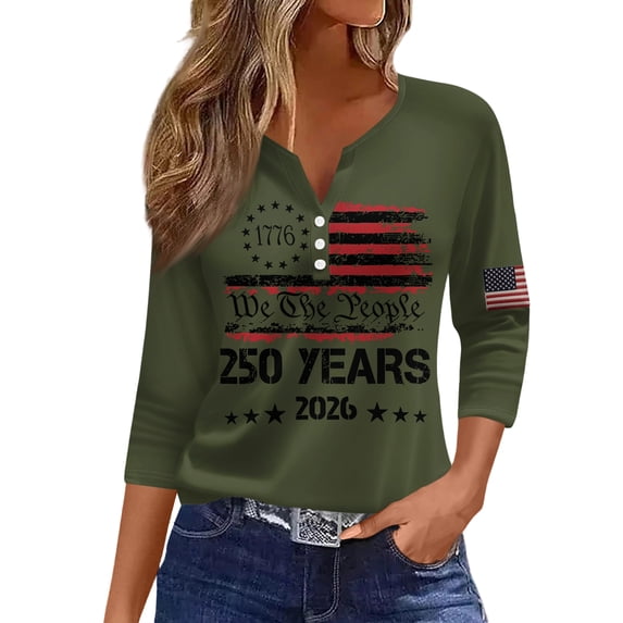 Wutalume Women's 3/4 Sleeve Patriotic Top - Button Front We the People 250 Years Print V-Neck Blouse, 4th of July Shirts Women, Womens 3/4 Sleeve Tops,Army Green 3XL