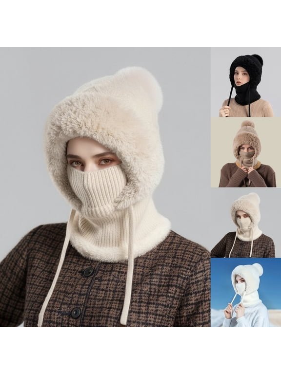 Women's All-in-One Beanie Scarf Hat with Pom Pom, Fleece Lined Knitted Winter Hat, Thickened Warm One-Piece Hood for Cold Weather,White