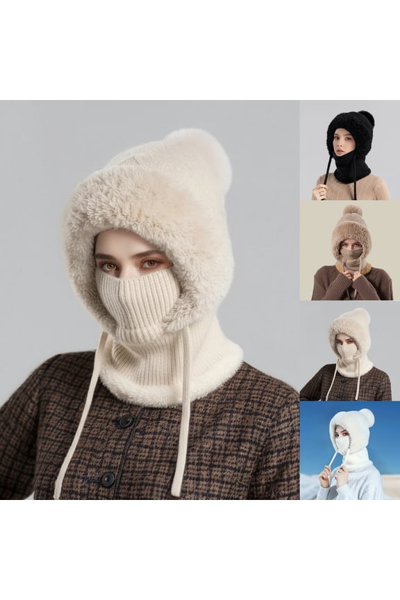Women's All-in-One Beanie Scarf Hat with Pom Pom, Fleece Lined Knitted Winter Hat, Thickened Warm One-Piece Hood for Cold Weather,White