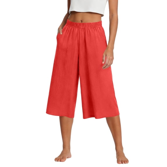 Wutalume Women's Baggy Wide Leg High Waisted Palazzo Capri Pants Solid Color Cotton Linen Beach Vacation Casual Pockets,Red 2XL
