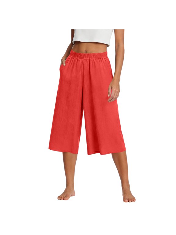 Women's Baggy Wide Leg High Waisted Palazzo Capri Pants Solid Color Cotton Linen Beach Vacation Casual Pockets,Red 2XL
