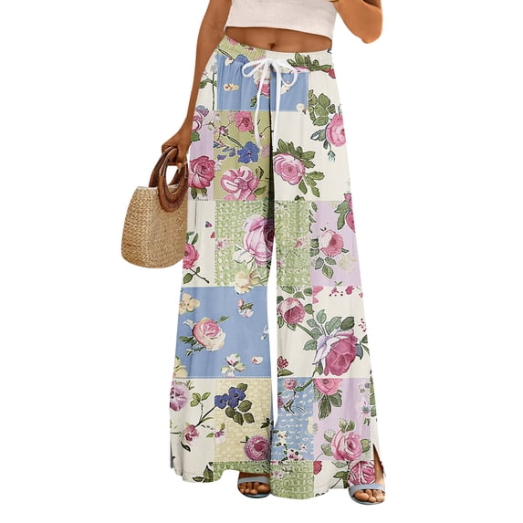 Wutalume Women's Boho Summer Pants, High Waisted Flowy Wide Leg Palazzo Trousers with Drawstring and Side Pockets, Casual Floral Bottoms,Pink S