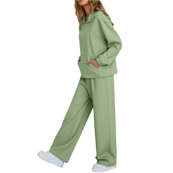 Wutalume Women's Casual 2-Piece Hoodie Set, Solid Color Long Sleeve Zip Up Hoodie with Pockets and Joggers, Loungewear Outfit,Green M
