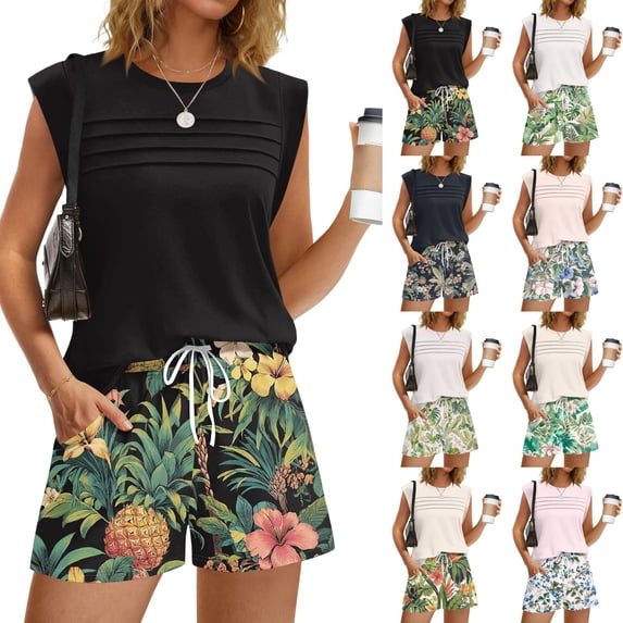 Wutalume Women's Casual Crewneck Two Piece Sets - Pleated Hawaiian Print Shorts Outfit, Lightweight and Breathable for Summer Beach Vacation and Daily Wear,Navy M