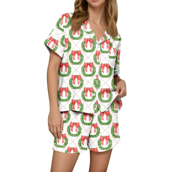 Wutalume Women's Casual Fashion Christmas Print Short Sleeve Pajama Set, Button Down T-Shirt and Shorts, Holiday Home Wear,Army Green L